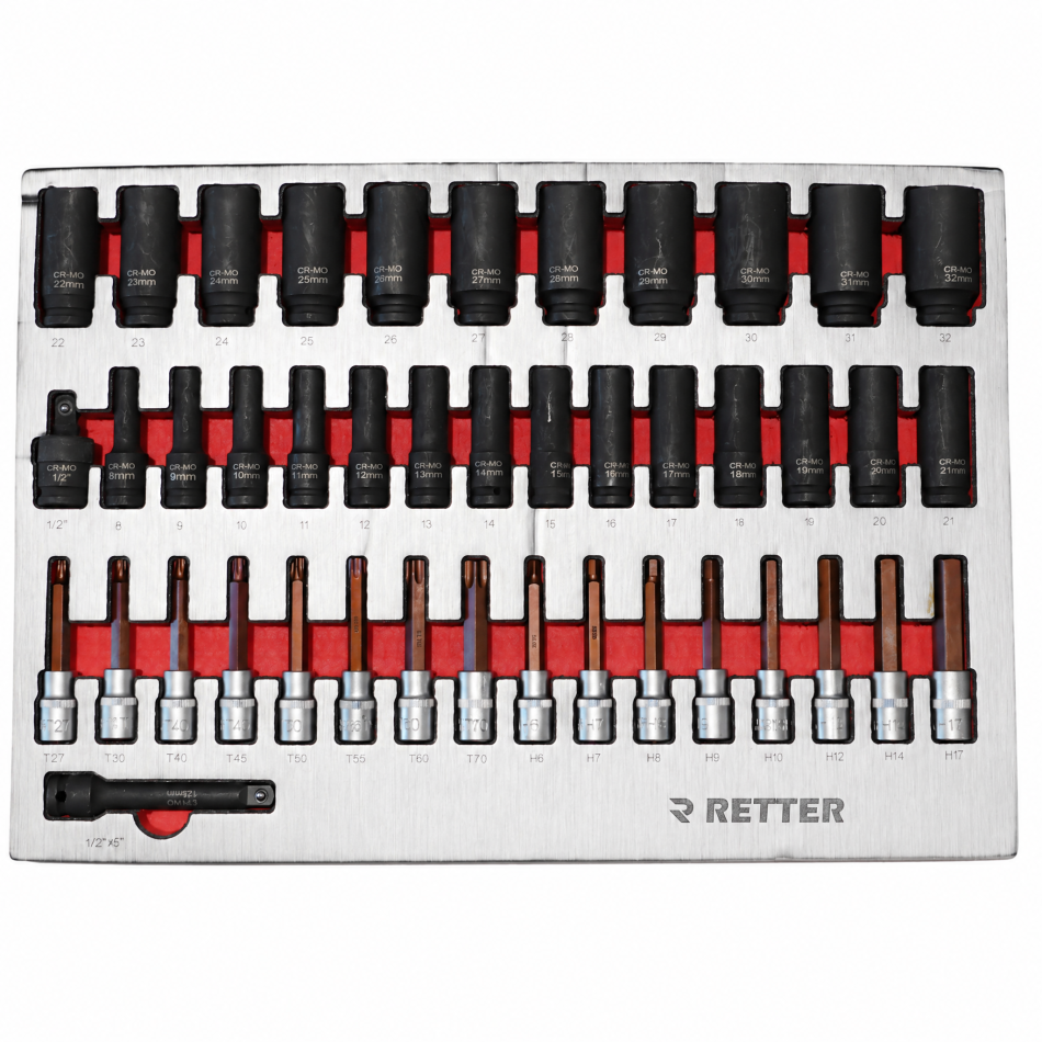 RETTER Werkzeugwagen R23 inkl. 372 Werkzeuge und VDE-Werkzeug, Alu-Einlagen, Holzplatte, 12V Akku Schlagschrauber und Akku Ratsche