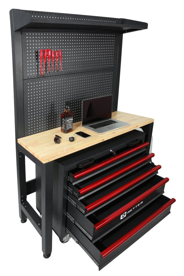 RETTER Werkbank 120 cm mit Holzplatte, Rückwand und Werkstattwagen - RT2000-Serie