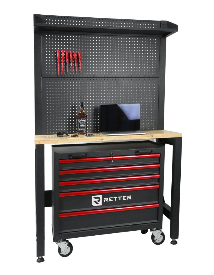 RETTER Werkbank 120 cm mit Holzplatte, Rückwand und Werkstattwagen - RT2000-Serie