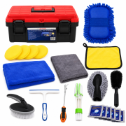 RETTER Auto-Reinigungsset 25-teilig mit Aufbewahrungsbox – Innen- & Außenpflege, Mikrofasertücher, Bürsten, Schwamm, Pads & Reinigungstabletten