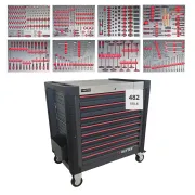 Mobiler Werkzeugwagen R13 - 8 Schubladen | Premiumqualität RETTER - Chrom-Vanadium-Werkzeugset 482-tlg. komplett bestückt – mit zugehörigen Werkzeugeinlagen