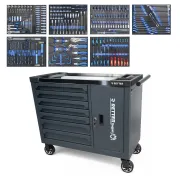 RETTER RS7 Werkstattwagen – 7 Schubladen mit Werkzeug, Edelstahl-Arbeitsplatte und Türfach – mit zugehörigen Werkzeugeinlagen